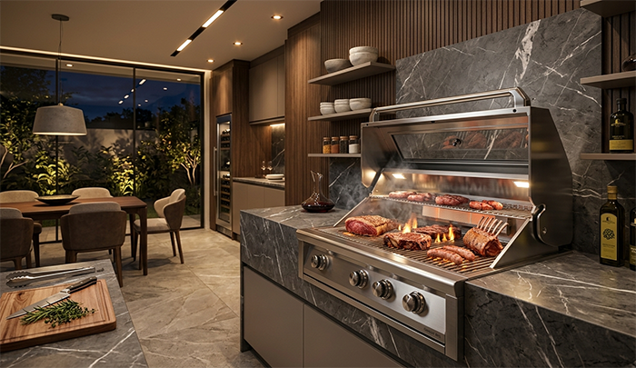 Churrasqueira Concept Grill moderna em área gourmet sofisticada, acabamento em aço inox premium, carnes grelhando na churrasqueira a gás, iluminação quente aconchegante, ambiente luxuoso contemporâneo, bancada em mármore, fotografia ultra realista, alta definição, estilo revista de arquitetura gourmet, sem pessoas, sem textos