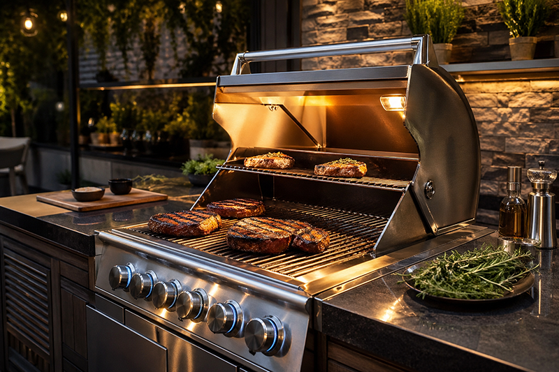 churrasqueira inox a gás moderna em área gourmet elegante, carne sendo grelhada com marcas perfeitas, iluminação quente, ambiente sofisticado, foco no brilho do inox, estilo realista, alta definição, 4k, fotografia profissional