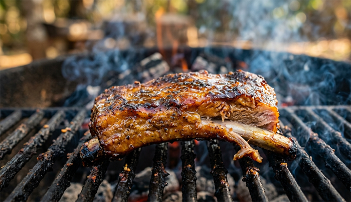 Costelinha de Porco na Churrasqueira dourada e caramelizada, churrasqueira a carvão com fumaça intensa, close na carne suculenta soltando do osso, iluminação quente, estilo fotografia gastronômica premium, ultra realista, fundo desfocado.