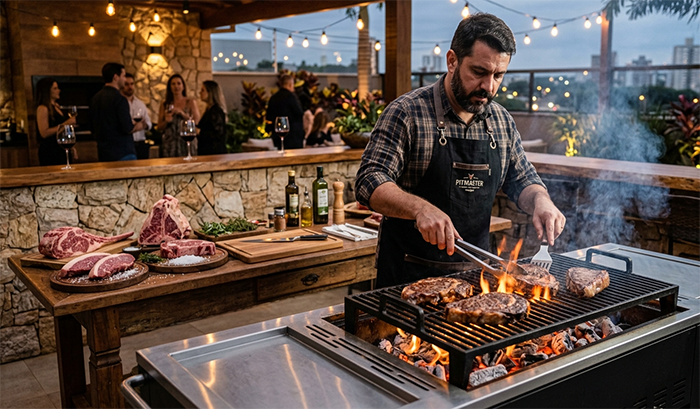 Curso Para Churrasqueiro preparando carnes nobres em churrasqueira moderna, ambiente gourmet, fumaça suave, iluminação quente, mesa com cortes premium, estilo realista, alta definição, cenário sofisticado, foco nos detalhes da carne e da brasa