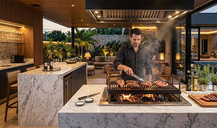 Churrasqueira gourmet a carvão moderna em área gourmet sofisticada, bancada em mármore, iluminação aconchegante, carnes grelhando, ambiente luxuoso, decoração contemporânea, fotografia realista, alta definição, estilo revista de arquitetura