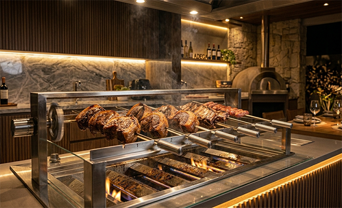 Churrasqueira a gás 5 espetos inox moderna em área gourmet sofisticada, carnes assando nos espetos giratórios, iluminação quente, ambiente elegante, ultra realista, fotografia profissional, alta definição, foco em detalhes do inox e da carne suculenta.