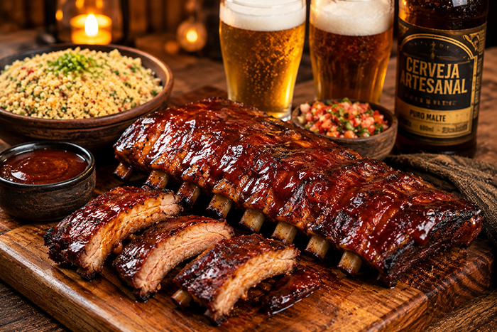 Mesa de churrasco com Costelinha de Porco na Churrasqueira servida com farofa, molho barbecue e cerveja artesanal, ambiente aconchegante, fotografia premium de comida, ultra realista, cores quentes e apetitosas.