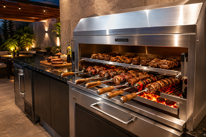 Churrasqueira inox a carvão premium com carnes assando em uma área gourmet elegante.