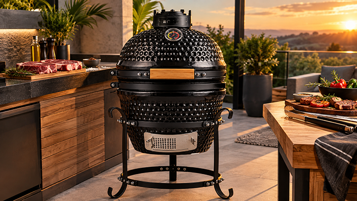 Churrasqueira kamado Rasco com carnes na grelha em área gourmet