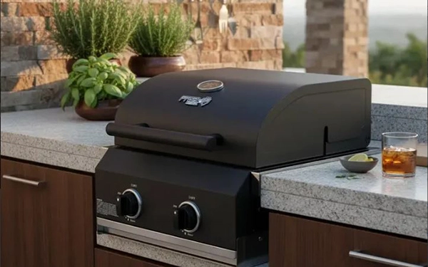 Uma varanda gourmet moderna com uma Churrasqueira Elétrica para Varanda de embutir instalada.