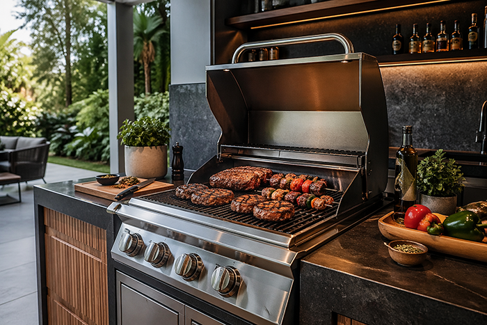 churrasqueira americana a gás moderna em área gourmet, carnes grelhando com marcas de grill, iluminação natural, ambiente sofisticado, estilo realista, alta resolução