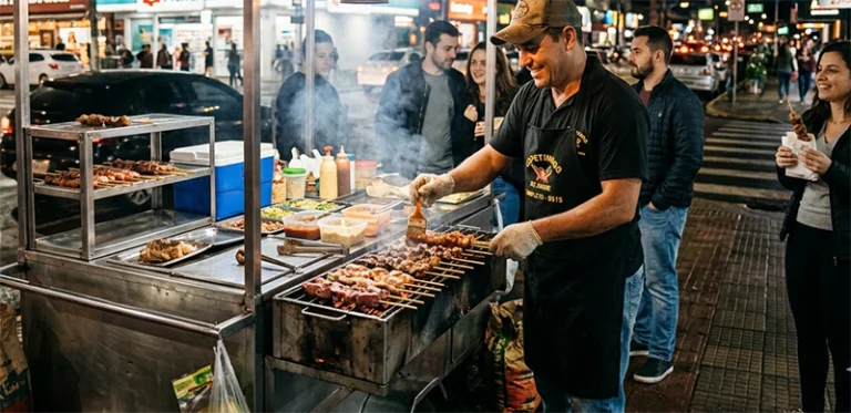 vendedor usando carrinho de churrasquinho na rua, clientes ao redor, espetinhos sendo preparados na hora, clima noturno, luzes da cidade, realista, fotografia documental, alta qualidade