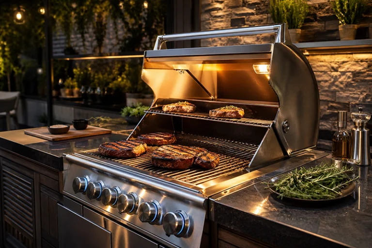 churrasqueira inox a gás moderna em área gourmet elegante, carne sendo grelhada com marcas perfeitas, iluminação quente, ambiente sofisticado, foco no brilho do inox, estilo realista, alta definição, 4k, fotografia profissional