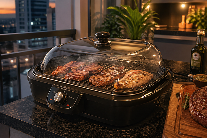Uma churrasqueira elétrica com tampa moderna em uma varanda gourmet de apartamento, carnes grelhando com aparência suculenta, iluminação aconchegante, ambiente sofisticado, estilo fotografia realista, alta definição, foco nos detalhes da churrasqueira, fumaça leve e controlada.