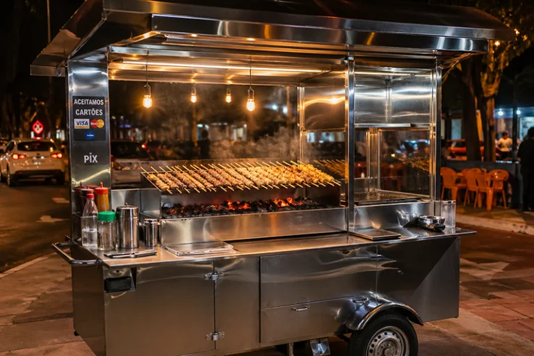 carrinho de espetinho completo em inox, moderno, com churrasqueira a carvão acesa, espetinhos grelhando, ambiente urbano noturno, iluminação quente, estilo realista, alta definição, 4k, fotografia profissional