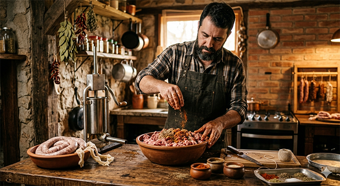 Charcutaria Curso homem preparando linguiça artesanal em cozinha rústica, carne moída sendo temperada, tripas naturais, iluminação quente, estilo realista, alta resolução, foco nos detalhes