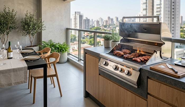 “Churrasqueira a gás de embutir instalada em varanda gourmet de apartamento moderno, decoração minimalista, inox brilhante, pouca fumaça, ambiente clean, estilo premium, fotografia profissional realista”