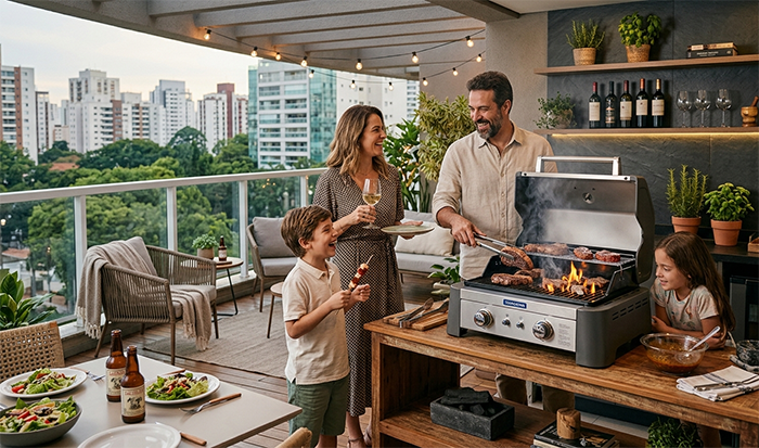 Família preparando churrasco em Churrasqueira a Gás Portátil premium em sacada moderna, ambiente aconchegante, decoração gourmet sofisticada, fotografia lifestyle realista, ultra detalhado