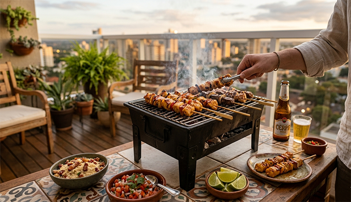 Pequena churrasqueira para espetinho a carvão em varanda gourmet, espetinhos dourados sendo preparados, mesa com acompanhamentos, fotografia ultra realista, iluminação quente e natural.