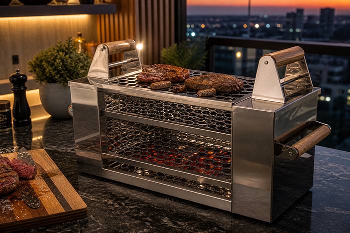 uma churrasqueira sem fumaça em uma varanda gourmet de apartamento, carnes grelhando perfeitamente, ambiente sofisticado, iluminação aconchegante, fumaça quase inexistente, estilo realista, alta definição, fotografia profissional, foco nos detalhes da churrasqueira, cenário premium.