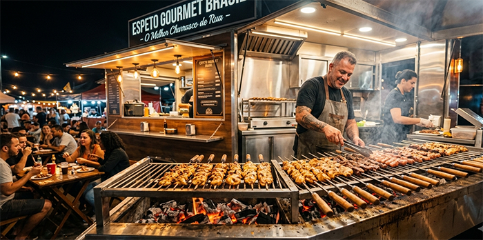Churrasqueira para espetinho profissional grande instalada em food truck gourmet.