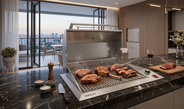 Churrasqueira elétrica Refracon instalada em varanda gourmet moderna.
