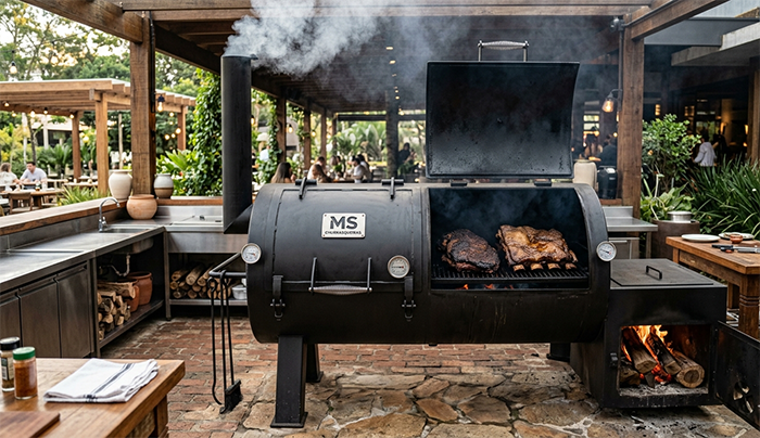 Pit smoker churrasqueira grande preparando carnes em processo de defumação.