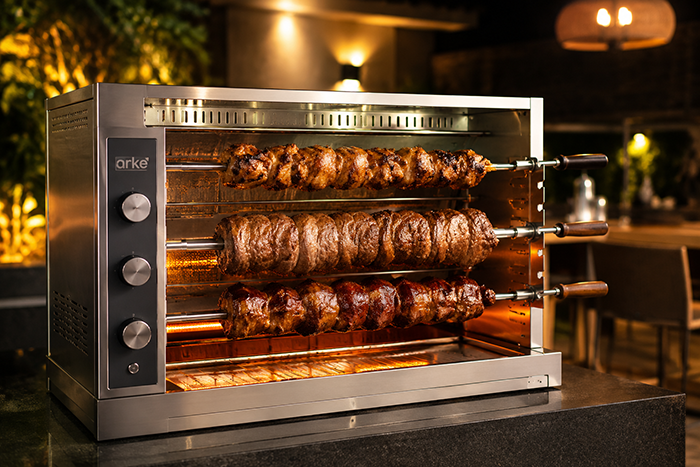 Churrasqueira a gas 3 espetos em destaque absoluto, carnes perfeitamente assadas, fundo gourmet desfocado, iluminação cinematográfica, fotografia publicitária premium, ultra realista, alta conversão, 8K, foco extremo nos detalhes.