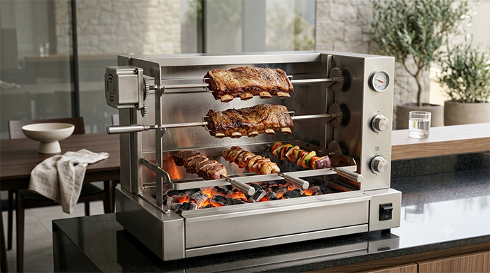 Churrasqueira a carvão rotativa premium com motor, espetos giratórios e acabamento em aço inox.