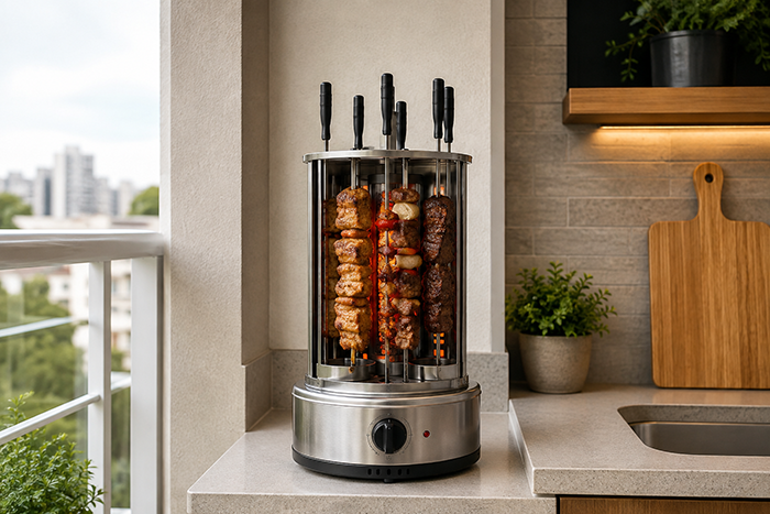 Churrasqueira elétrica vertical compacta instalada em varanda de apartamento