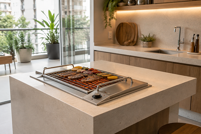 Churrasqueira eletrica embutir instalada em bancada de área gourmet moderna