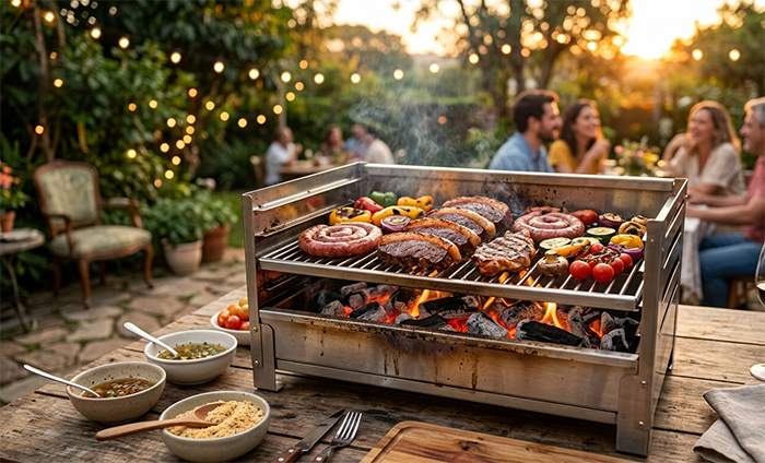 Churrasqueira portátil a carvão em funcionamento preparando carnes e legumes em um ambiente externo.