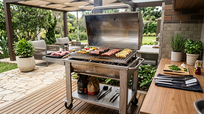 Churrasqueira inox portátil grande com grelha ampla e tampa