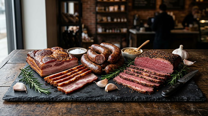 Seleção de carnes defumadas e embutidos artesanais como bacon e linguiças organizados para comercialização.