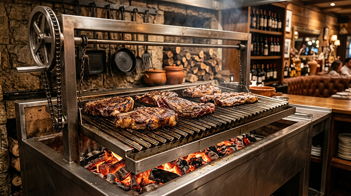 Churrasqueira parrilla profissional argentina com grelha sobre brasas e carnes.